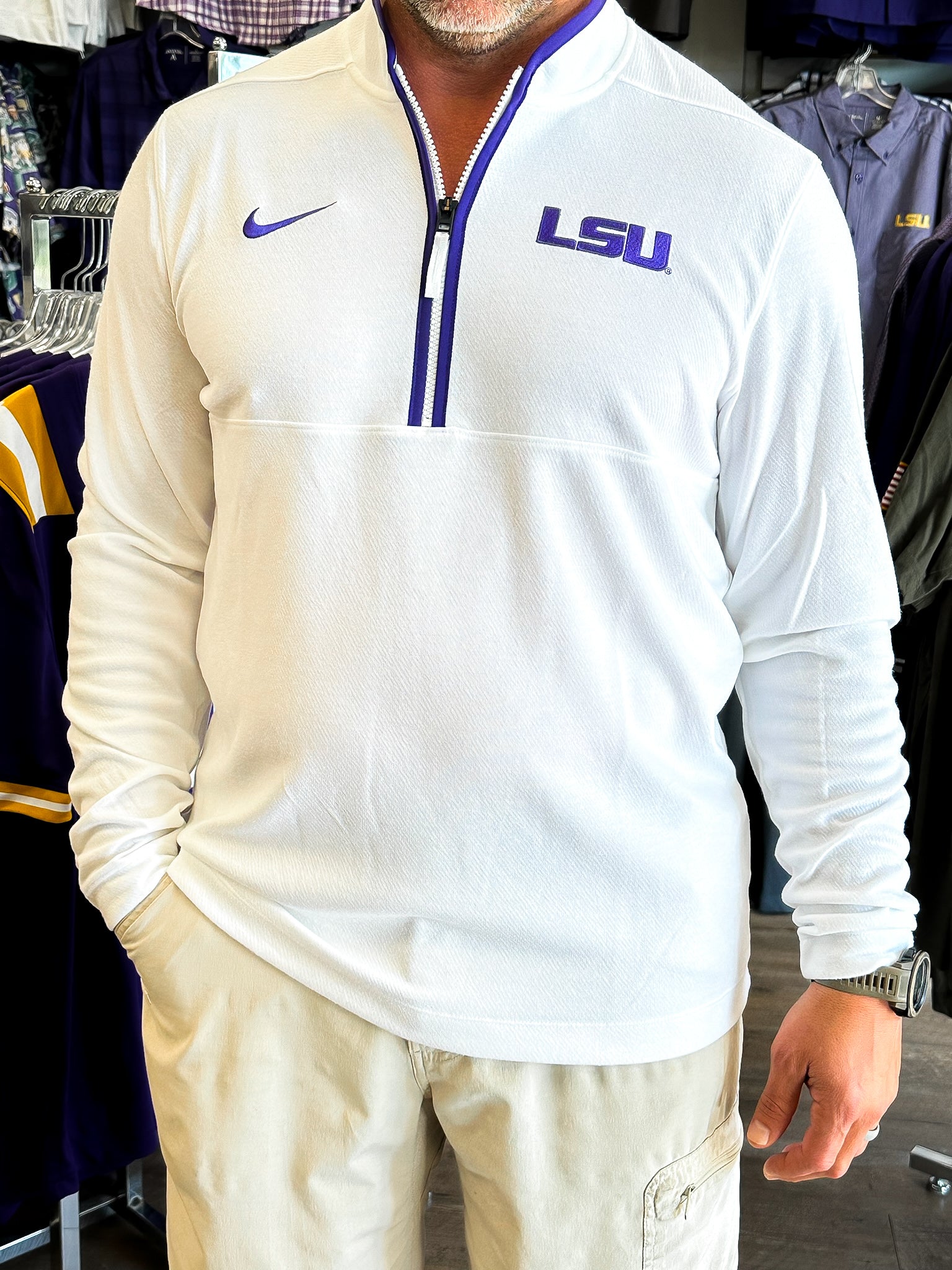 LSU Men's Nike Victory Dri-FIT 1/2-Zip LS Top - White – Mike's Den
