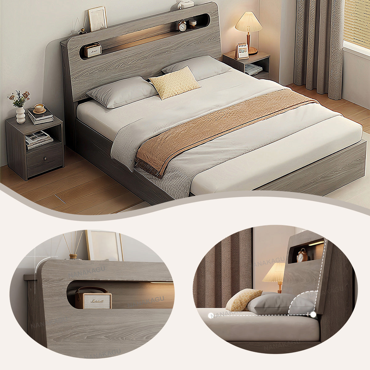 木製ベッド,すのこベッド,セミダブルベッド,収納トレイ付き,ヘッド