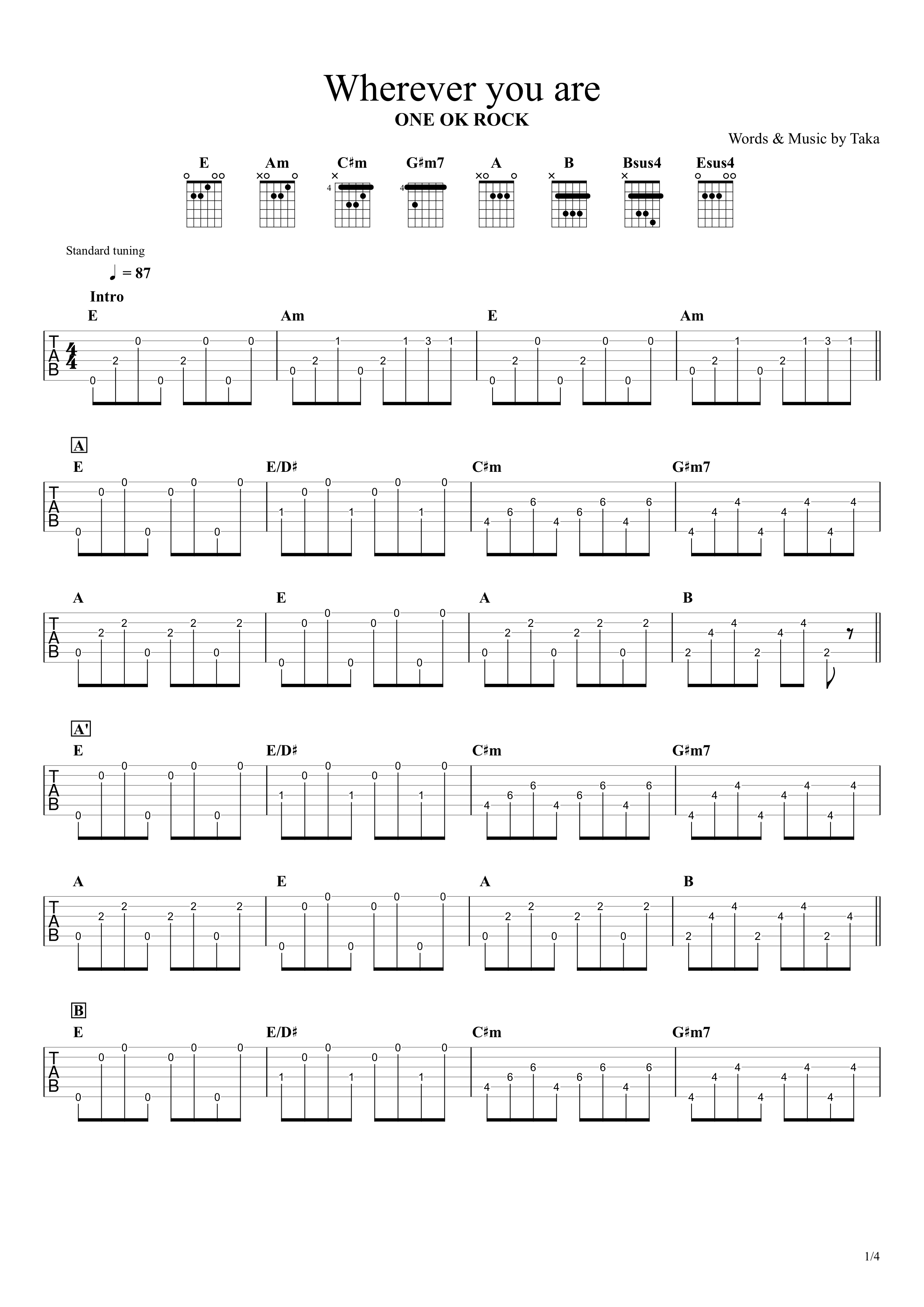Wherever you are／ONE OK ROCK】無料ギタータブ譜／ほぼそのままVer