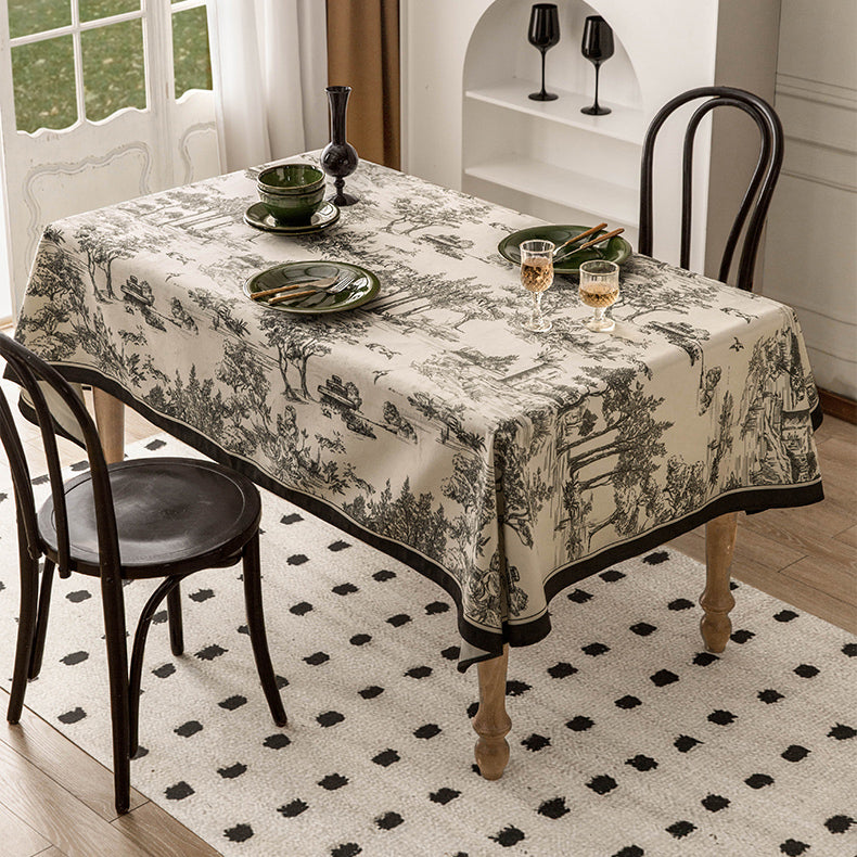 black toile de Jouy table cloth