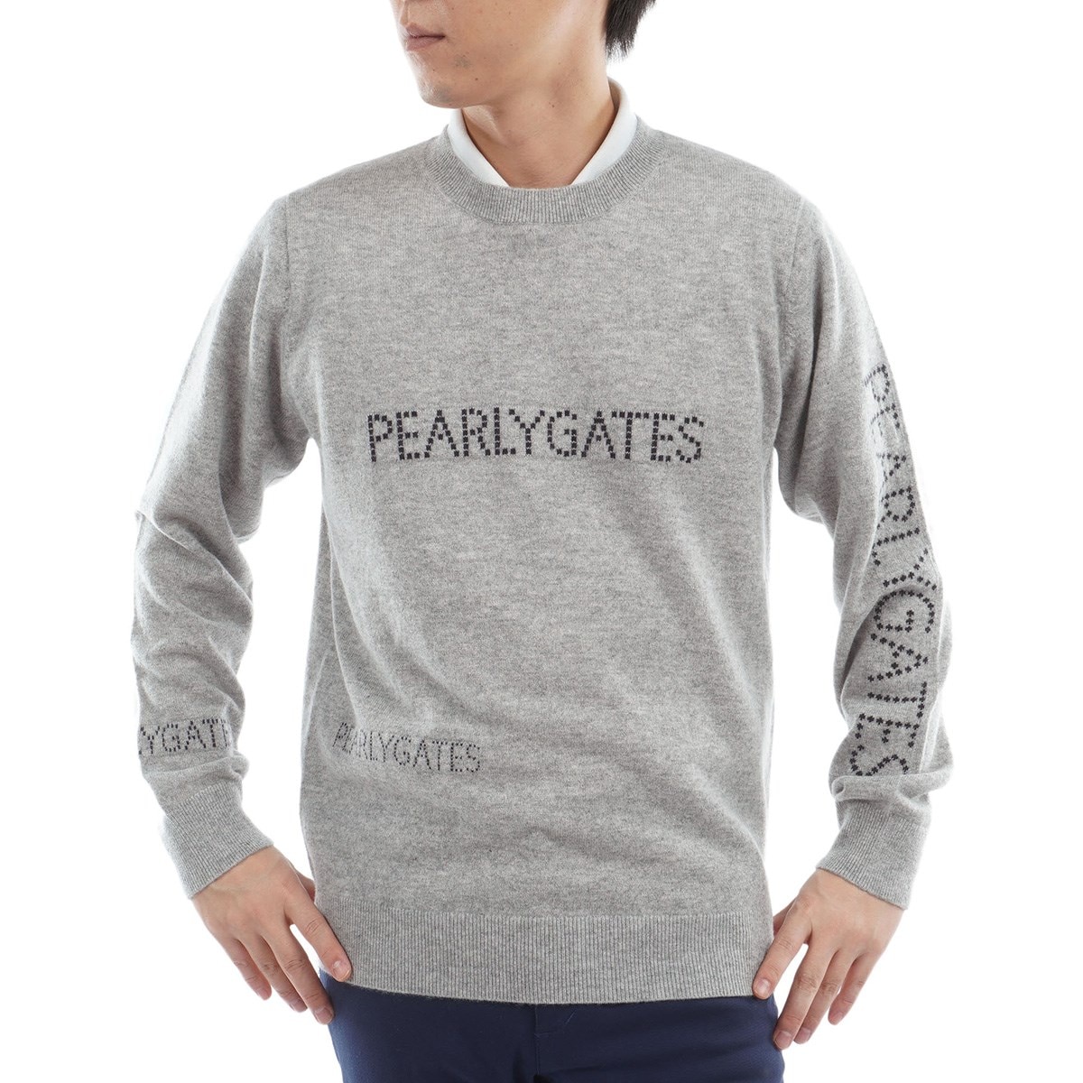 部分ジャカード カシミヤ丸首セーター(中間着(セーター、トレーナー