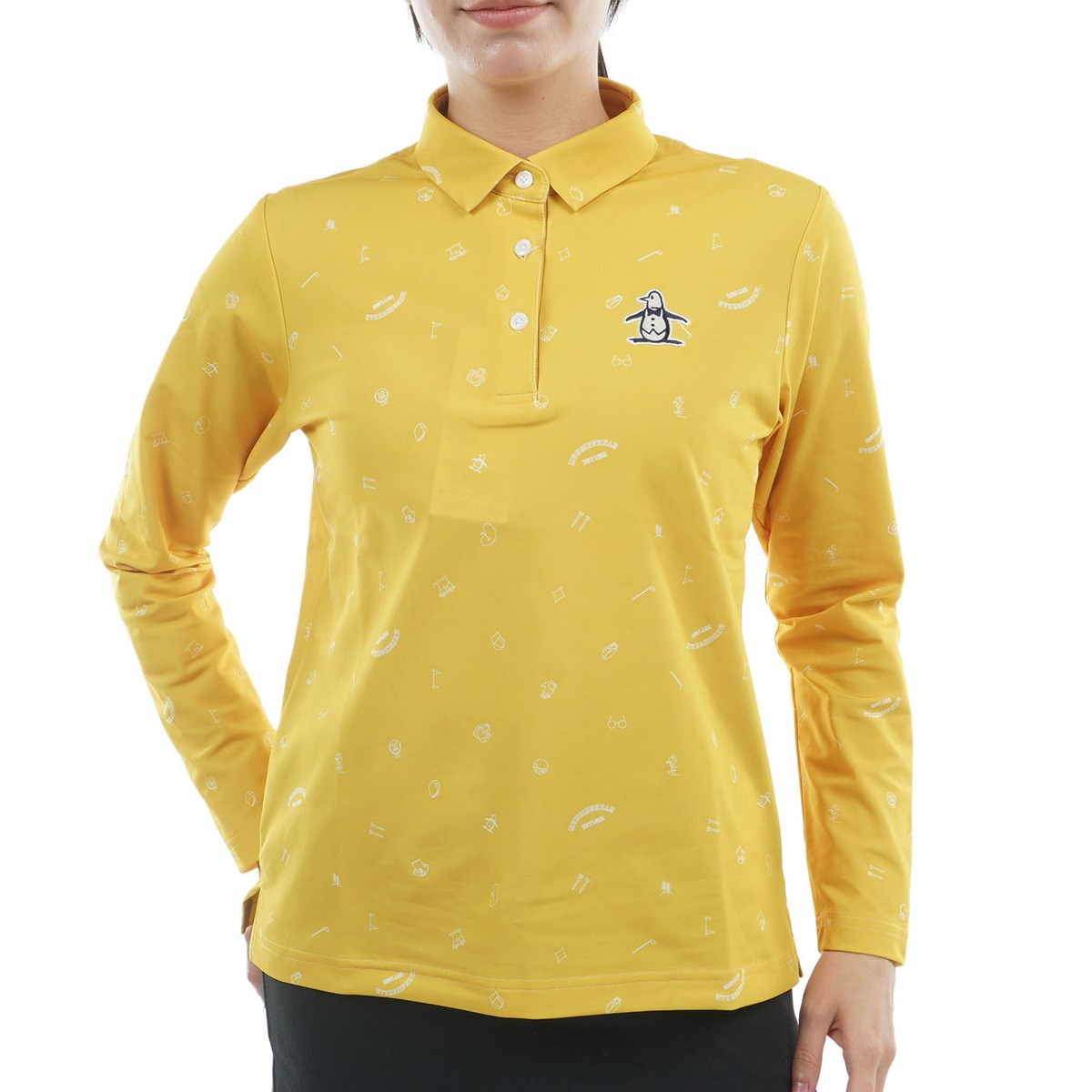 ストレッチ 裏微起毛 飛びアイコン柄プリント長袖ポロシャツ レディス