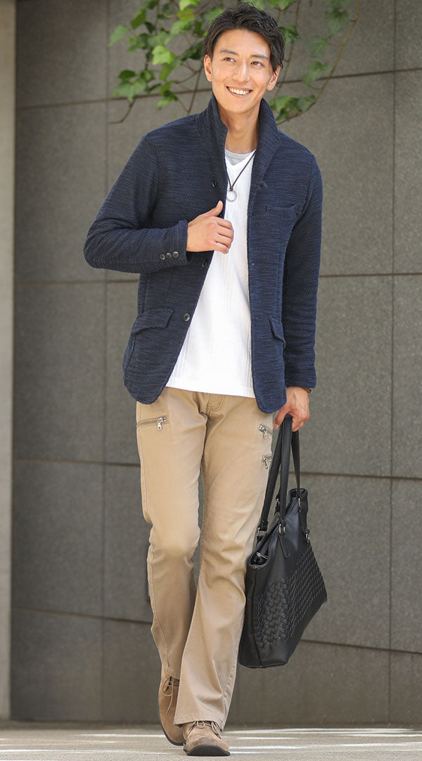 紺×黒ジャケット 白Tシャツ ベージュパンツ snp_ck0994の