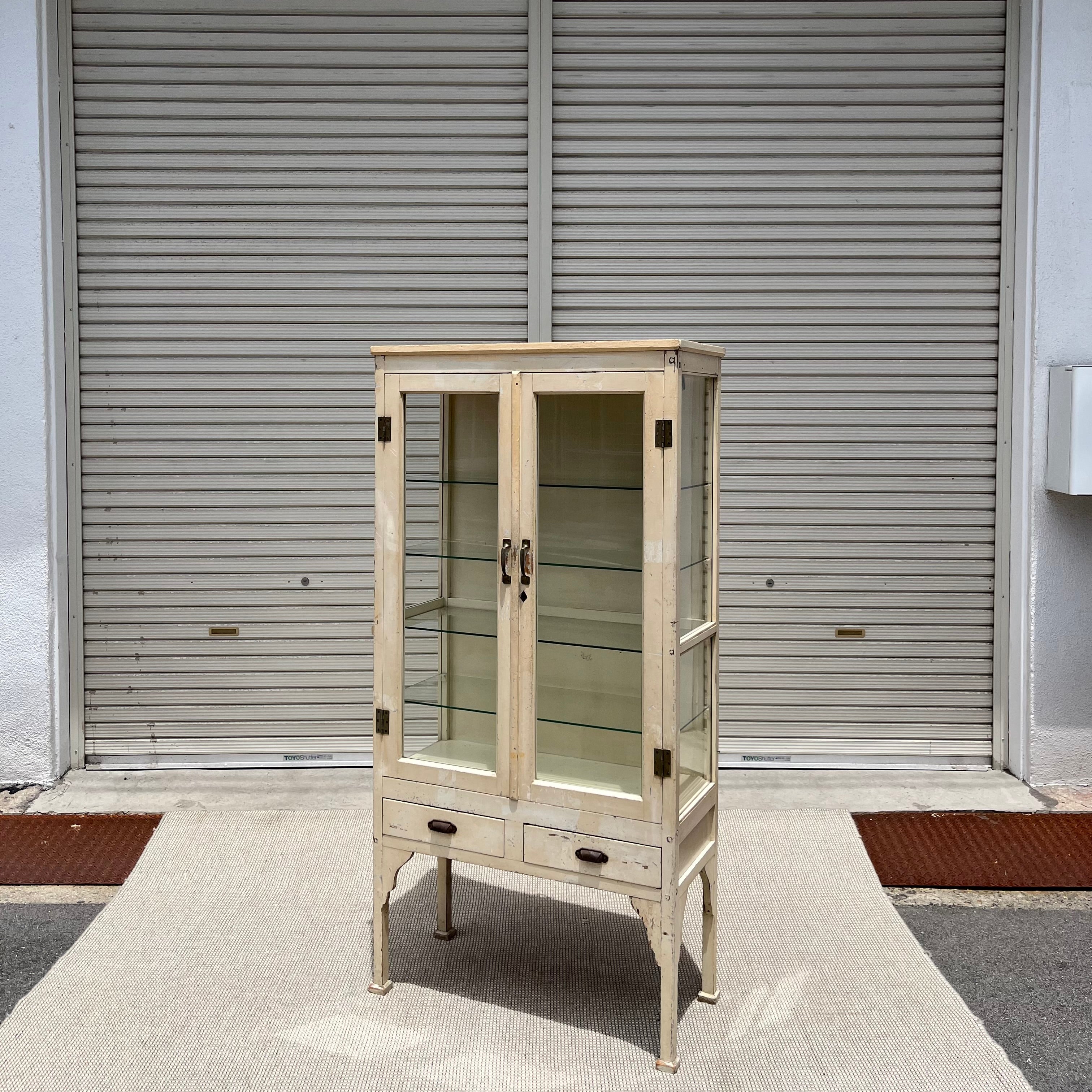 ケビント 古い木製医療棚 日本 アンティーク キャビネット ガラス