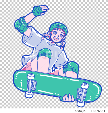 スケートボードでジャンプする女の子のイラスト素材 [115876331] - PIXTA