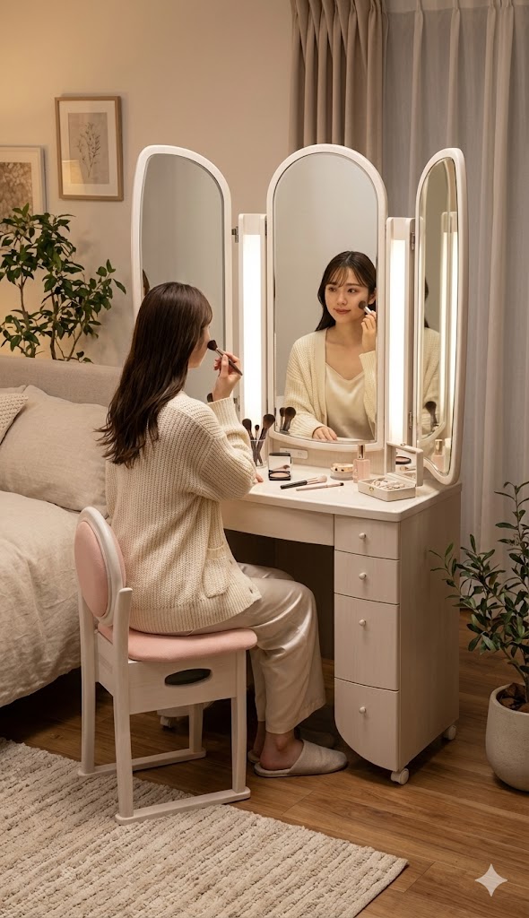 アンティークドレッサーLED照明付き収納三面鏡イザベル - 鏡台