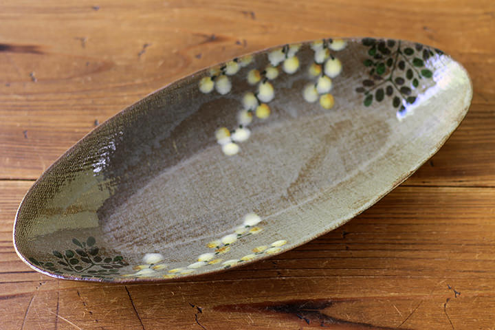 末晴窯】楕円皿/ミモザ/グレー/（横 28.5cm） | 【丹波のイロドリ