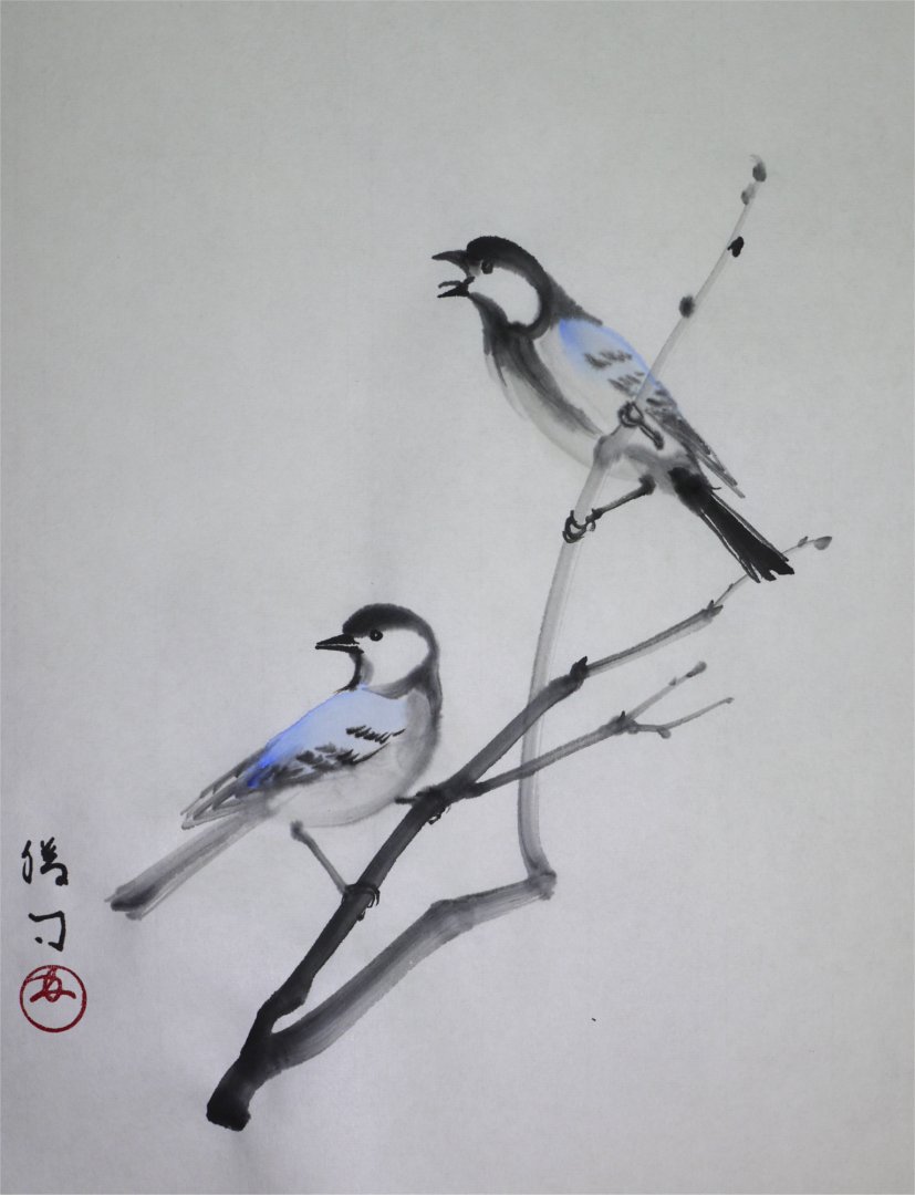 水墨画（彩墨画）「シジュウカラ」福田勝司筆 | 水墨画・達風 色彩の