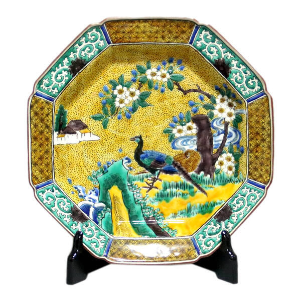 楽天市場】越田基一 九谷焼10号八角飾り皿 吉田屋（皿立て付） : 九谷