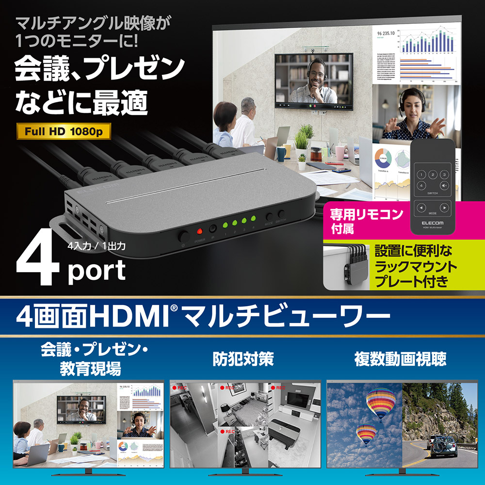 楽天市場】HDMI マルチビューワー 4画面分割 切替器 4入力 1出力 2K