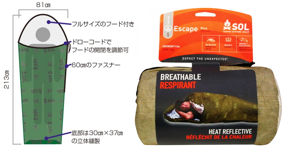 防災用寝袋,エマージェンシーシュラフ,SOLエスケイプビビィ