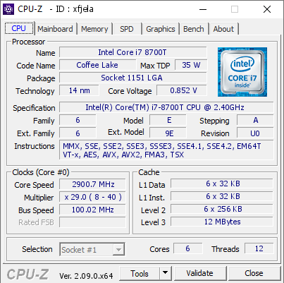 Intel Core i7 8700T @ 2900.7 MHz - CPU-Z VALIDATOR