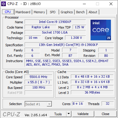 Intel Core i9 13900KF @ 5500 MHz - CPU-Z VALIDATOR