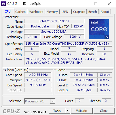 Intel Core i9 11900K @ 1490.85 MHz - CPU-Z VALIDATOR