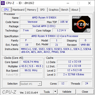 AMD Ryzen 9 5900X @ 4328.74 MHz - CPU-Z VALIDATOR