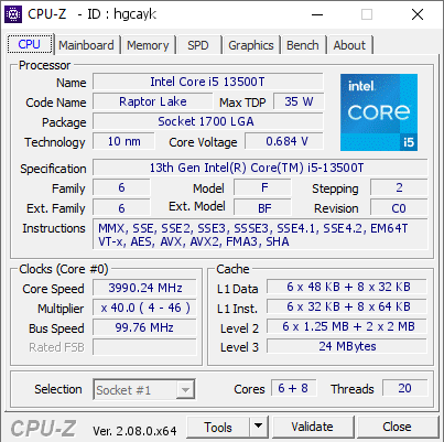 Intel Core i5 13500T @ 3990.24 MHz - CPU-Z VALIDATOR