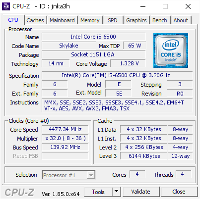 Intel Core i5 6500 @ 4477.34 MHz - CPU-Z VALIDATOR