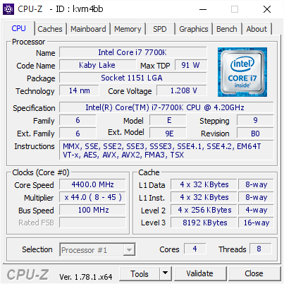 Intel Core i7 7700K @ 4400 MHz - CPU-Z VALIDATOR