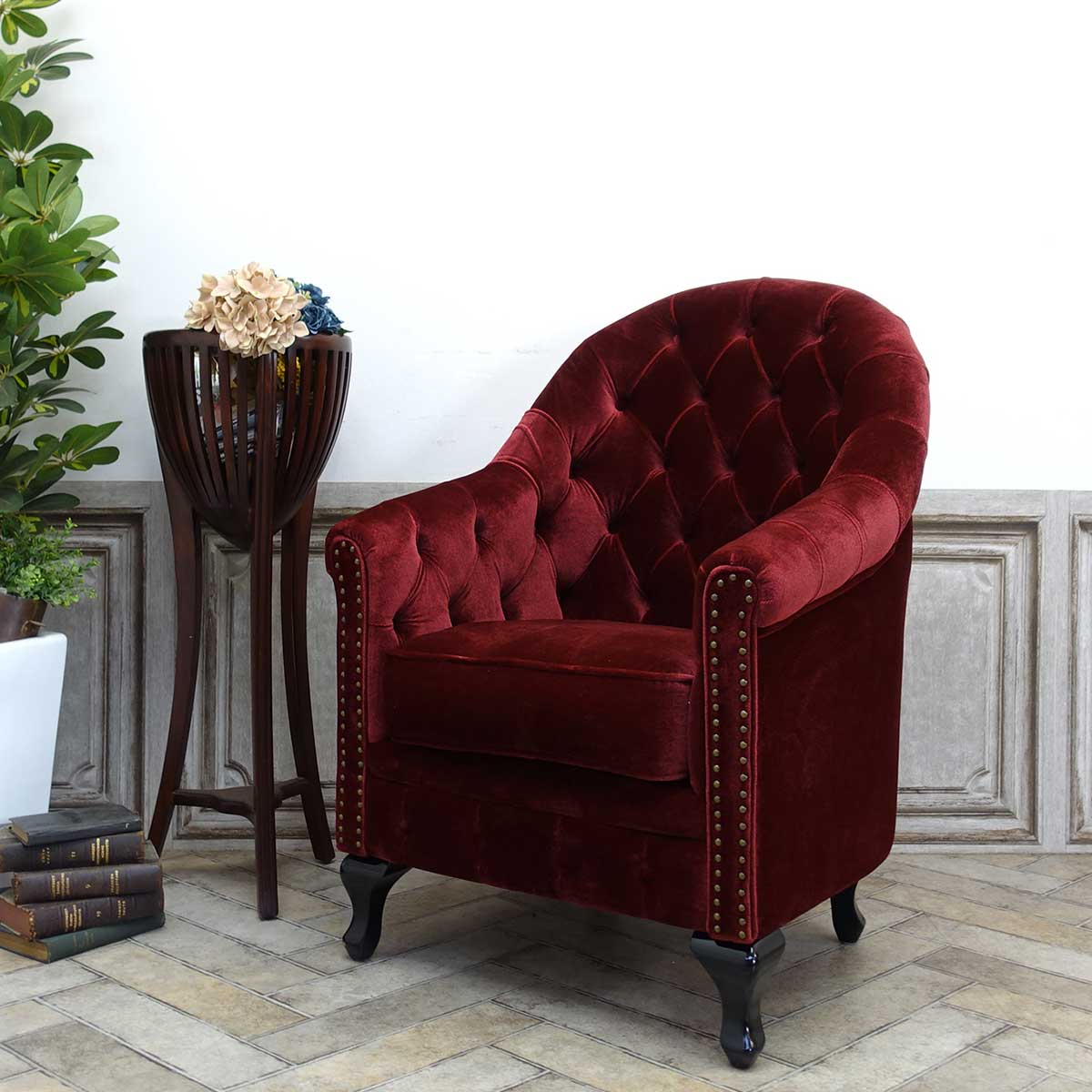 1人掛けソファ アンティークテイスト レッドベルベット VA1F410K 新着