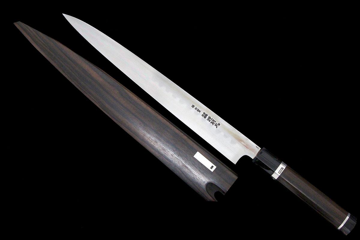 柳刃包丁 本焼 尺一 水野鍛錬所 源昭忠 銀二巻 黒檀柄 黒檀鞘・桐箱付
