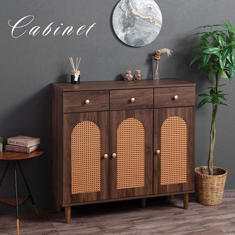 ラタン調 幅100 キャビネット 3扉 引き出し3杯 足つきキャビネット