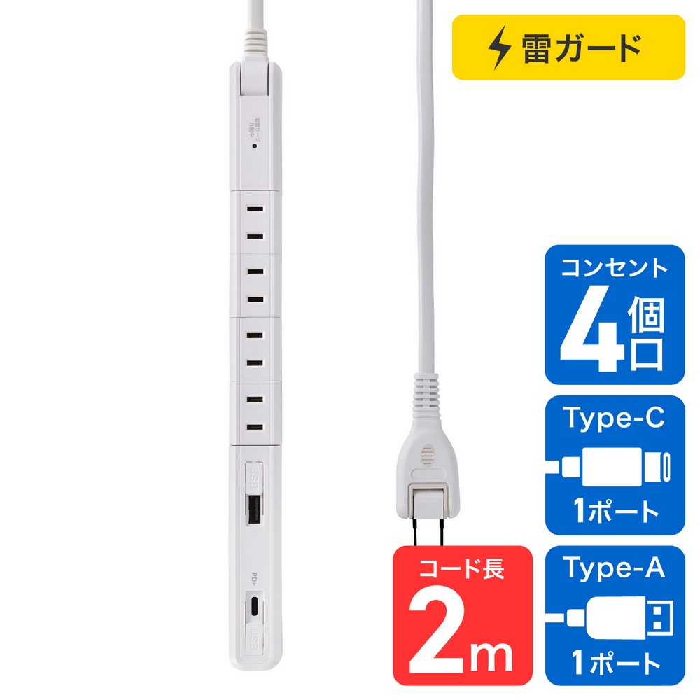 エルパ(ELPA) 電源タップ 雷ガード付き AC 6個口 USB Type-A2ポート