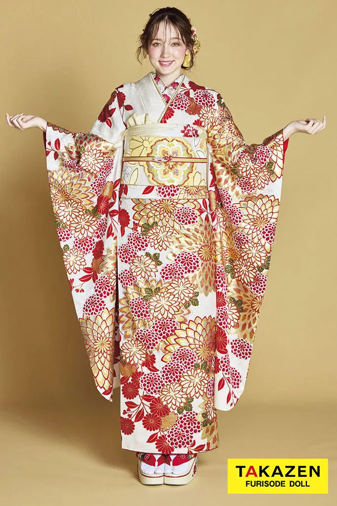 最高級古典柄振袖 滝泰/最高級金彩刺繍絞り友禅 白/金/茶 鞠柄/牡丹柄