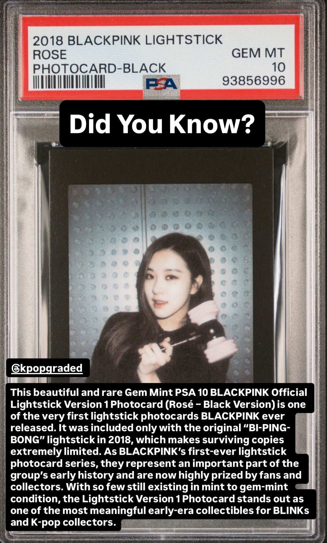 2018 BLACKPINK LIGHTSTICK BLACK VERSION ROSE PHOTOCARD GEM MINT