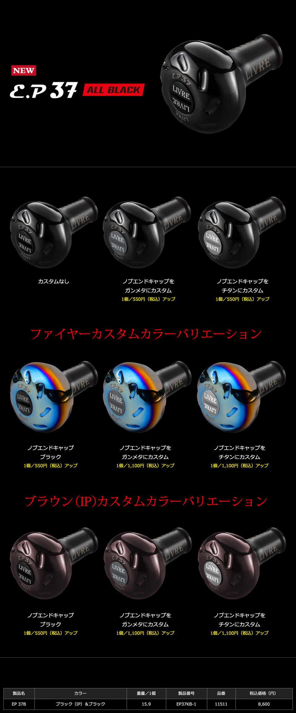 リブレ/LIVRE】EP37 ハンドルノブ ALL BLACK（オールブラック）