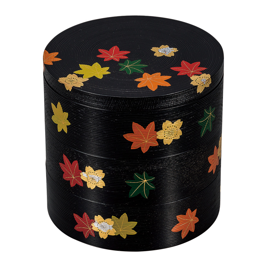 丸三段重箱 千筋 春秋 木製 漆塗りお重箱 FC19-5 漆器の井助