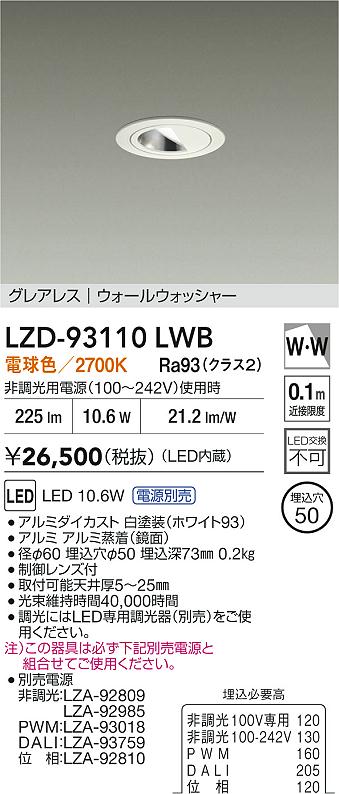 DAIKO 大光電機 LED ウォールウォッシャーダウンライト LZD-93110LWB