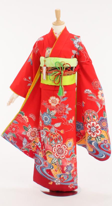 七五三/7才着物レンタル/髪飾り付19点セット/朱赤/〔正絹〕/紅型・花