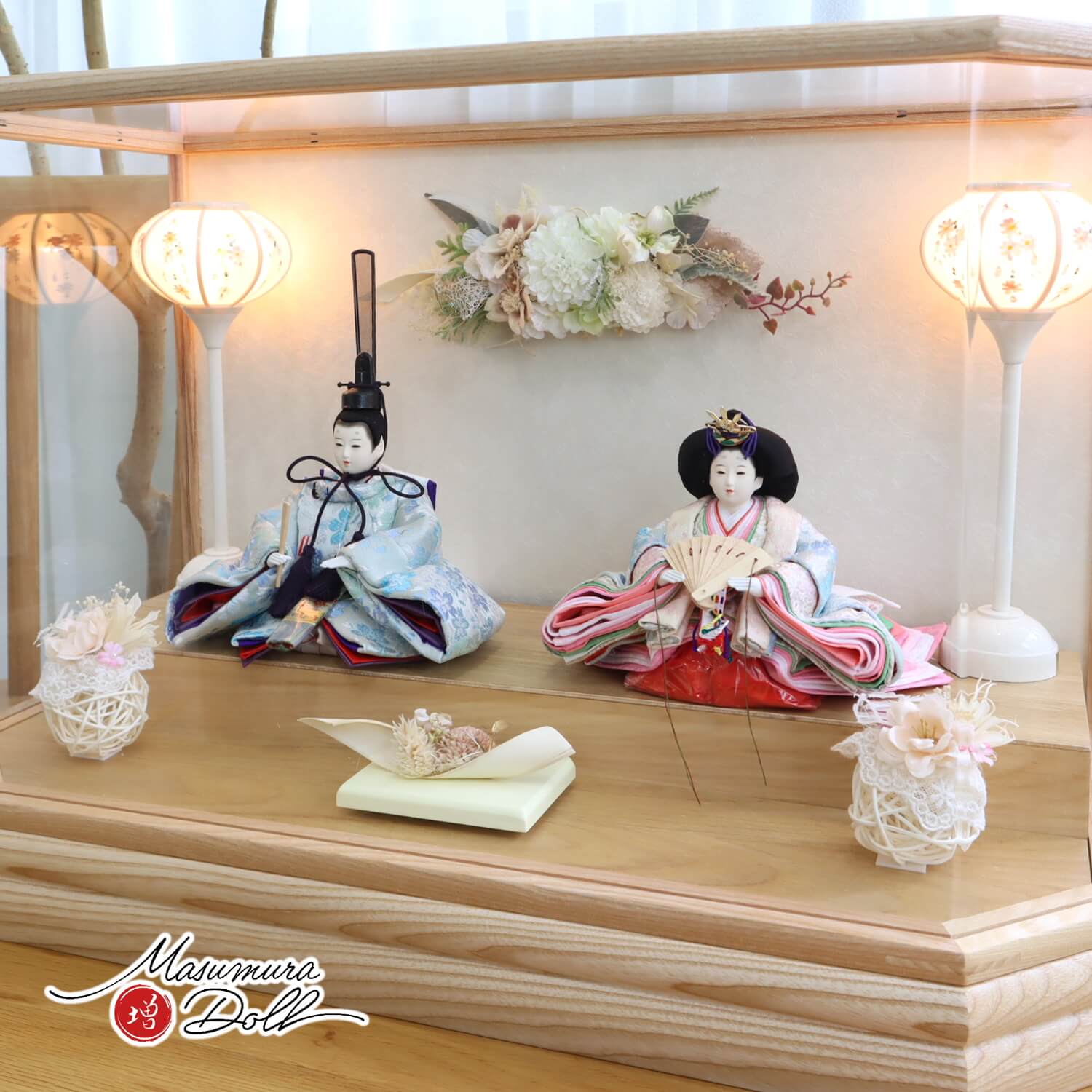 雛人形 華峰作 芥子親王 淡水色桜尽くし 西陣織極上金襴 無地扇 白木枠