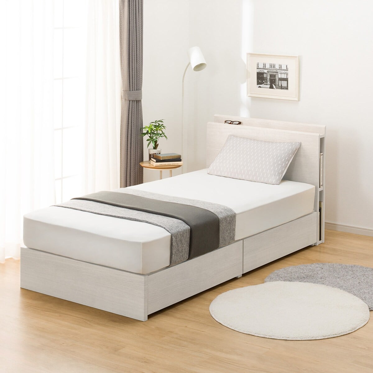 シングル 棚・サイド収納付きベッドフレーム(NS-003 浅型/床板 WW