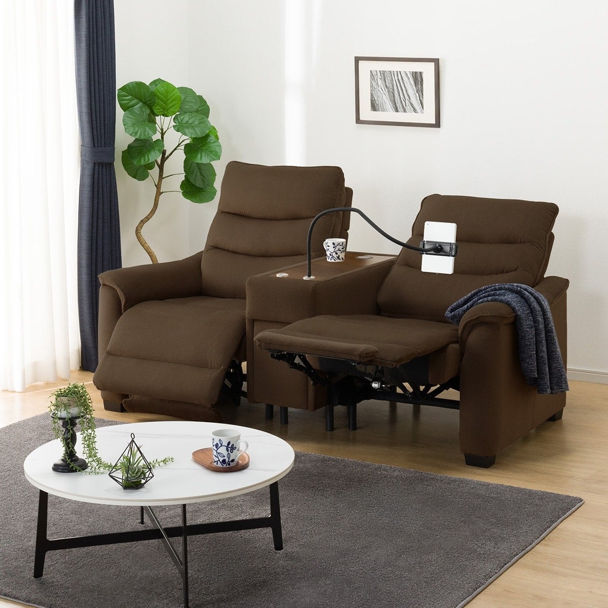 2人掛け電動リクライニングソファ 収納ユニット付き 布張りタイプ(N