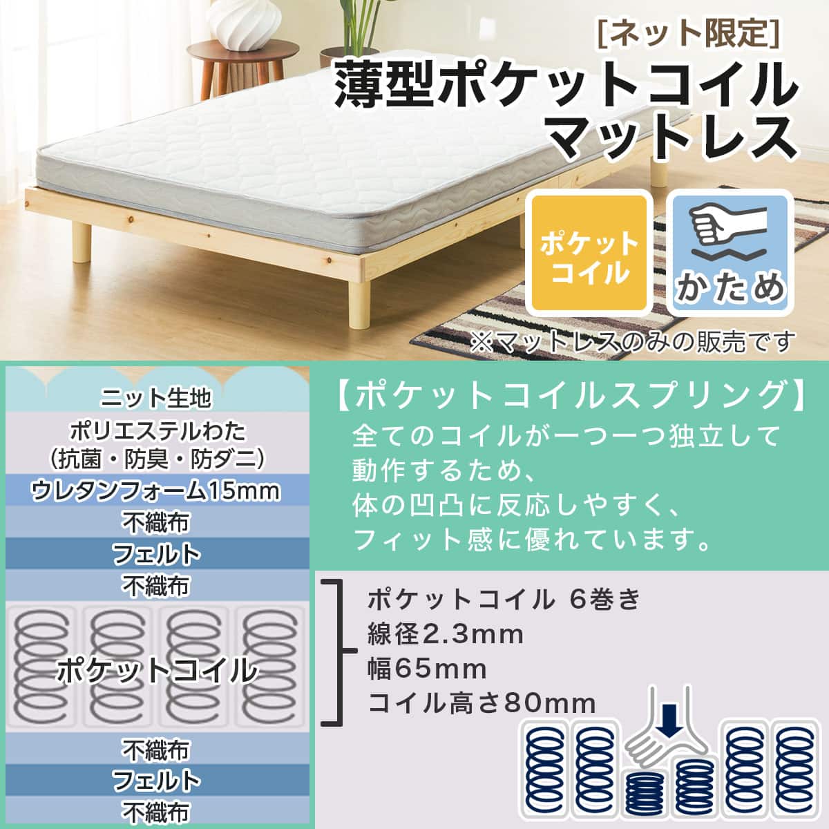 薄型ポケットコイルマットレス(セミダブル) | ニトリネット【公式