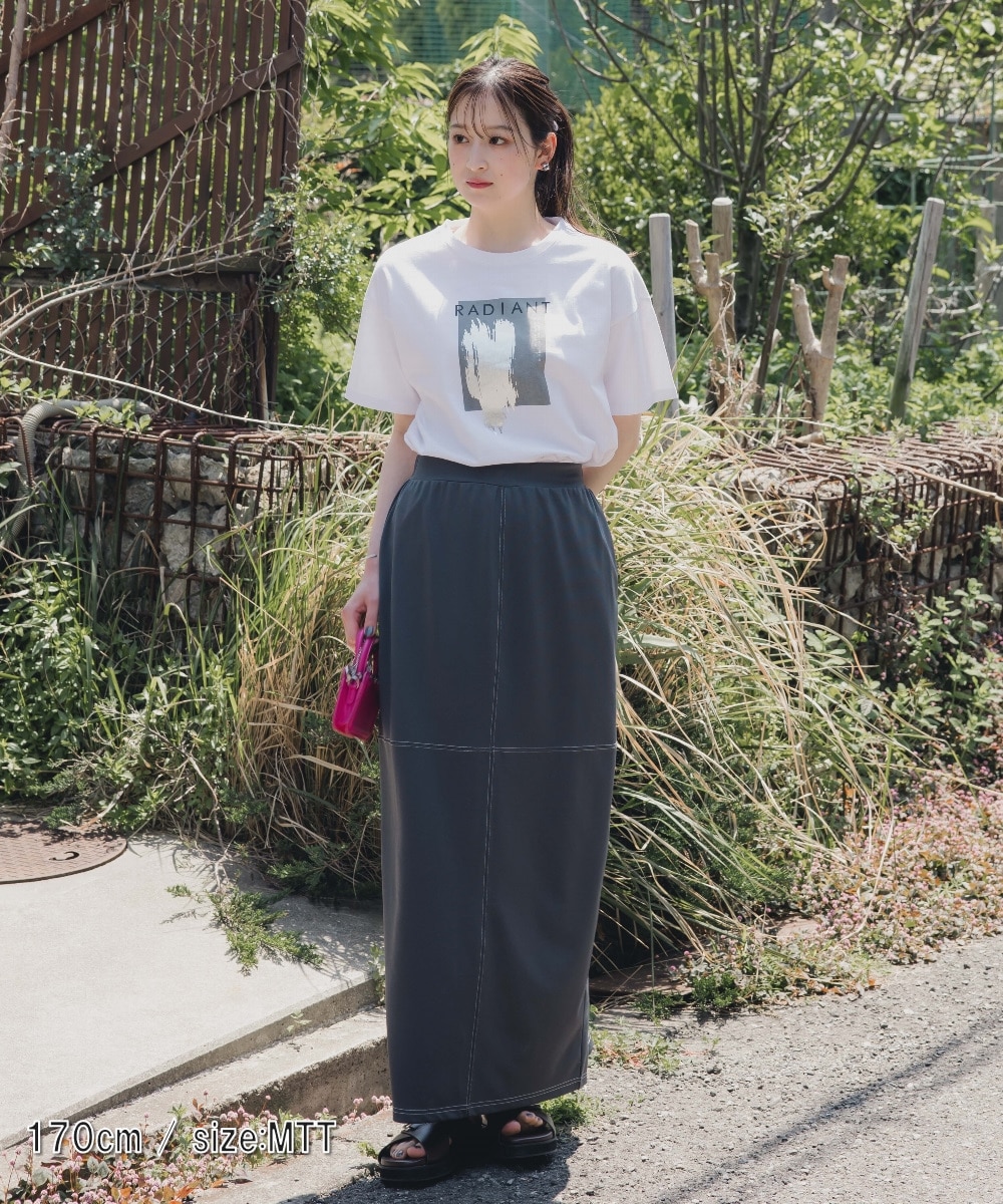 高身長 薄ポンチ配色ステッチIラインスカート（セットアップ対応