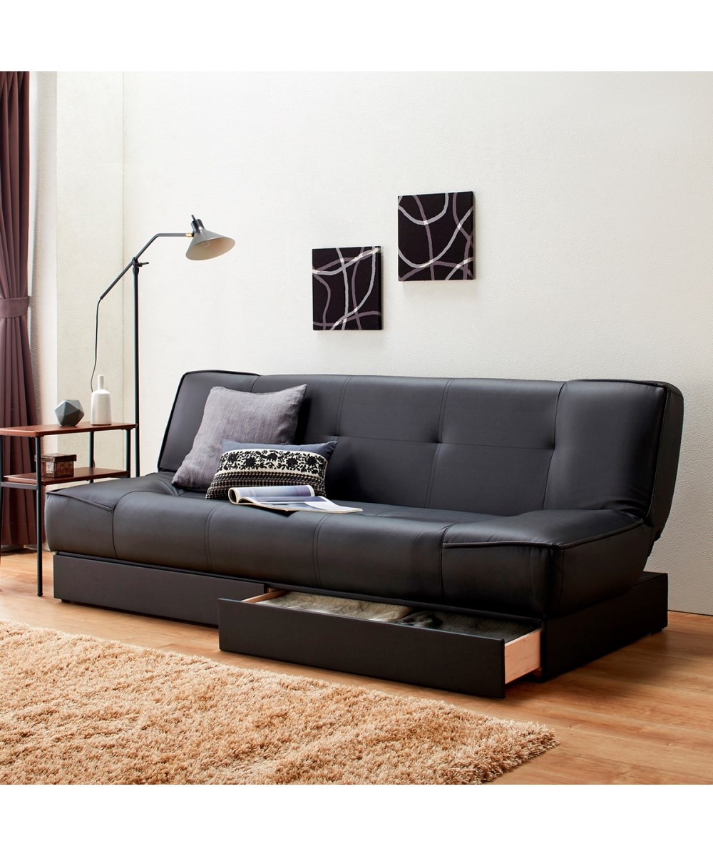 3人掛け]ソファベッド｜2WAY リクライニング 引き出し付き 合皮 日本製