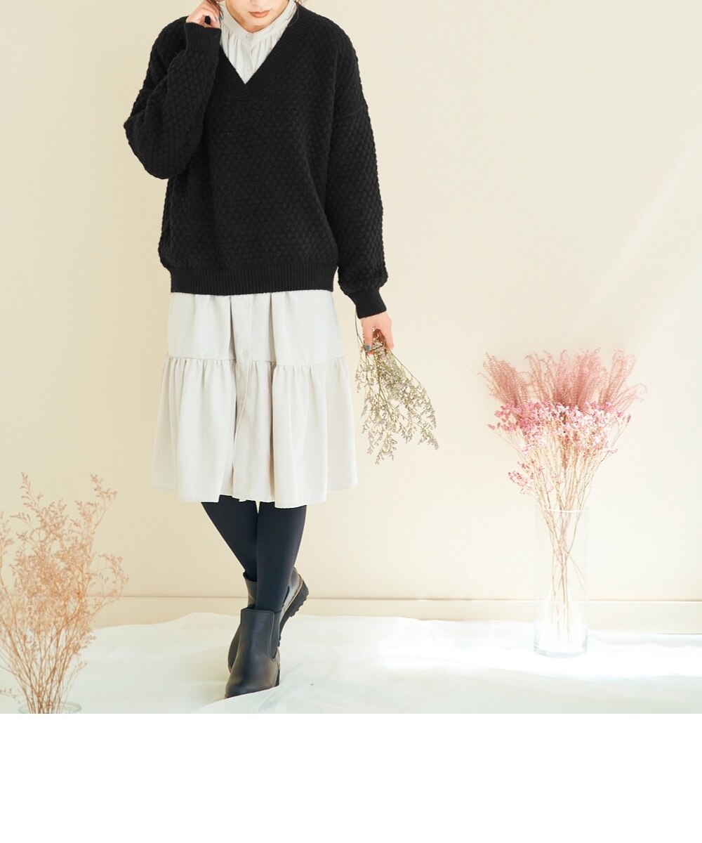 大きいサイズ 柄編みVネックニット (アースミュージックアンド