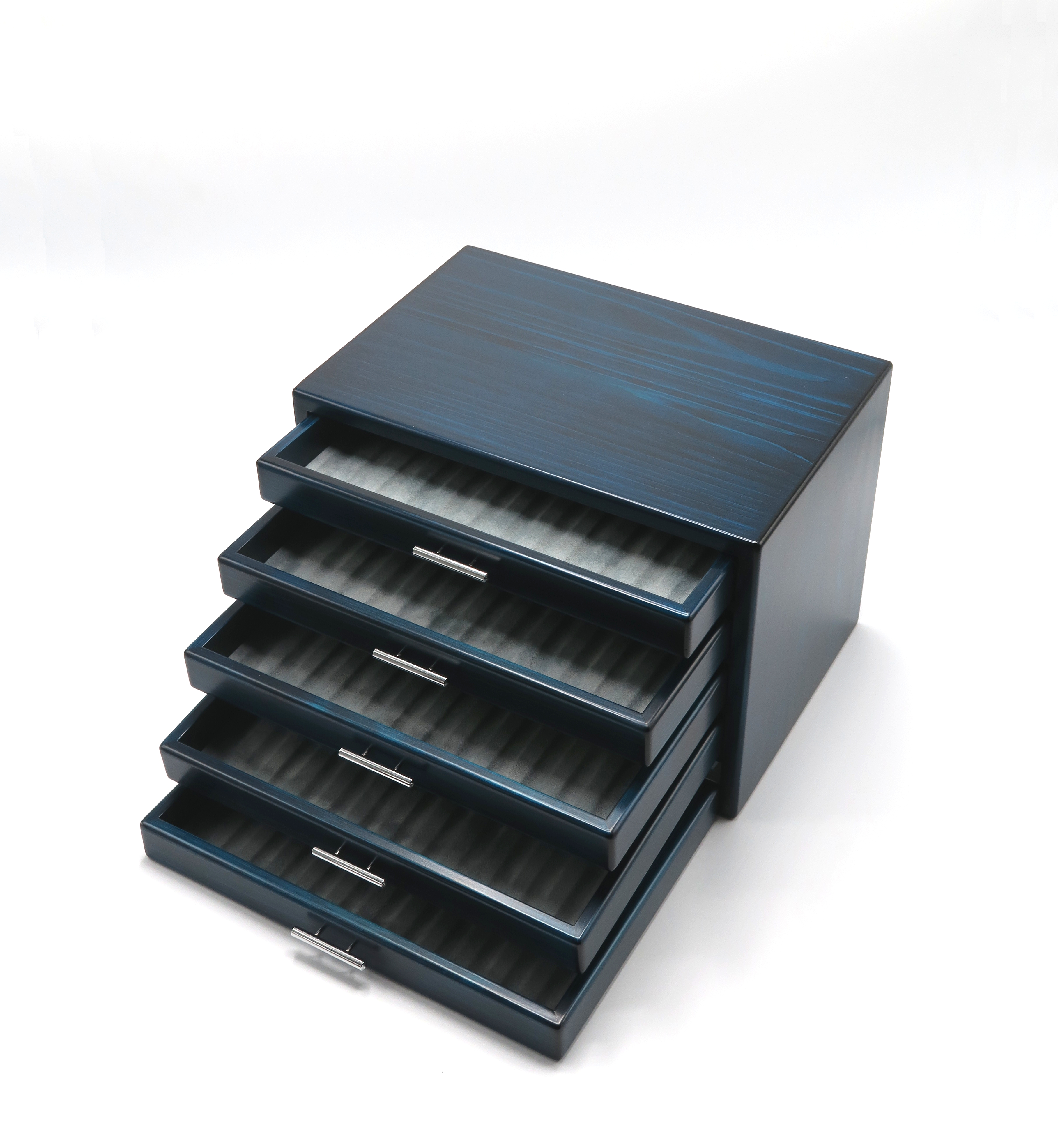 万年筆箱60ヒノキブルー [筆記具,60本入れ,ペン皿,引出し,5段]