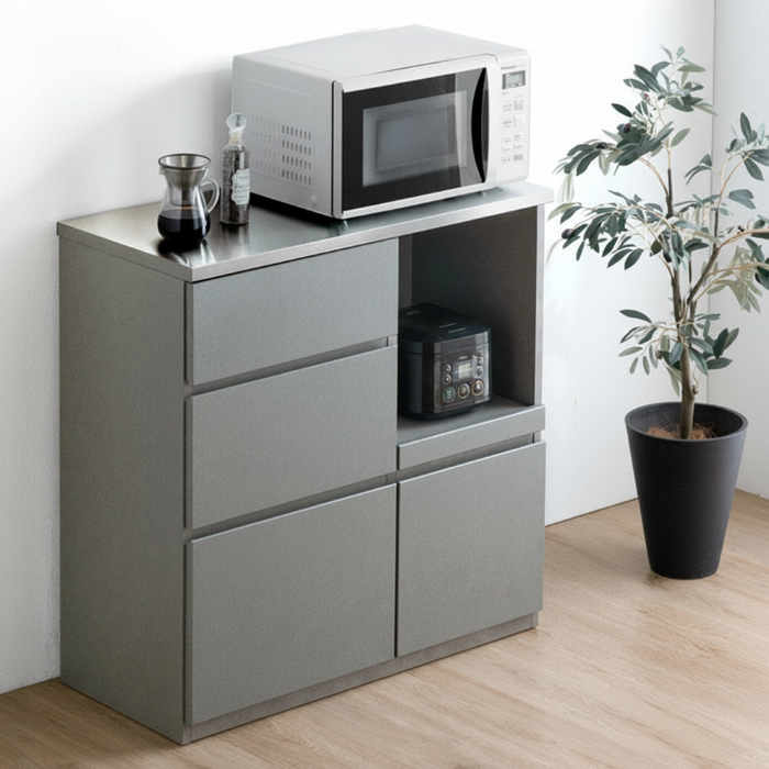 幅90] 日本製 キッチンカウンター ステンレス天板 完成品 食器棚