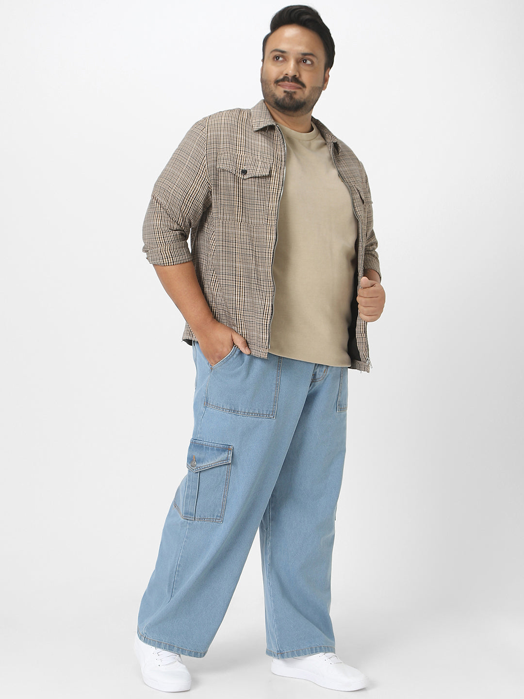 Plus Men's Ice Blue Loose Fit Cargo Jeans with 6 Pockets Non