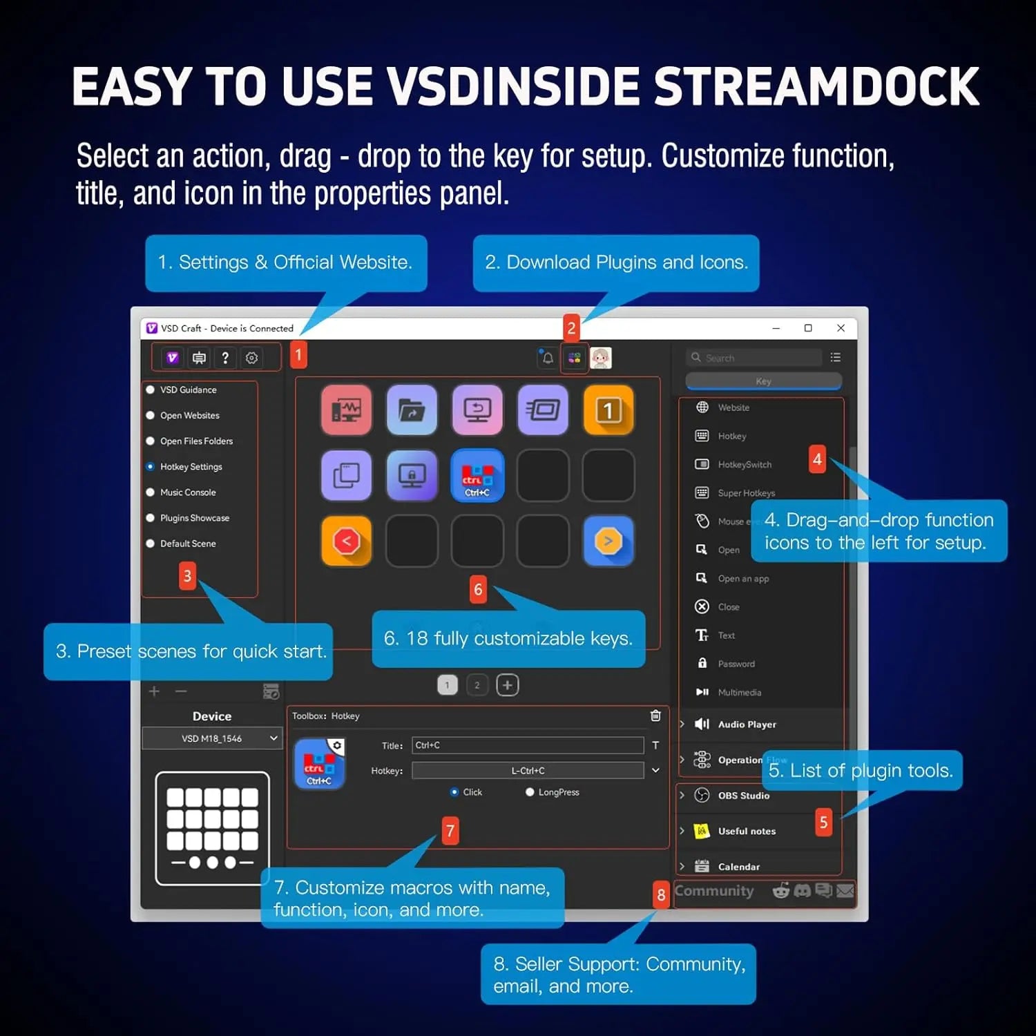 VSDinside Stream Dock M18 – Programmable Macro Keypad, Stream Deck