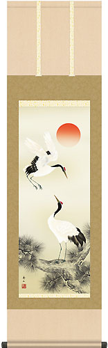 鶴亀の掛け軸 鈴村秀山作 松上双鶴