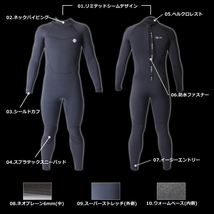 ZEAK(ジーク) セミドライ ウェットスーツ 男性用 メンズ 6mm / 4mm