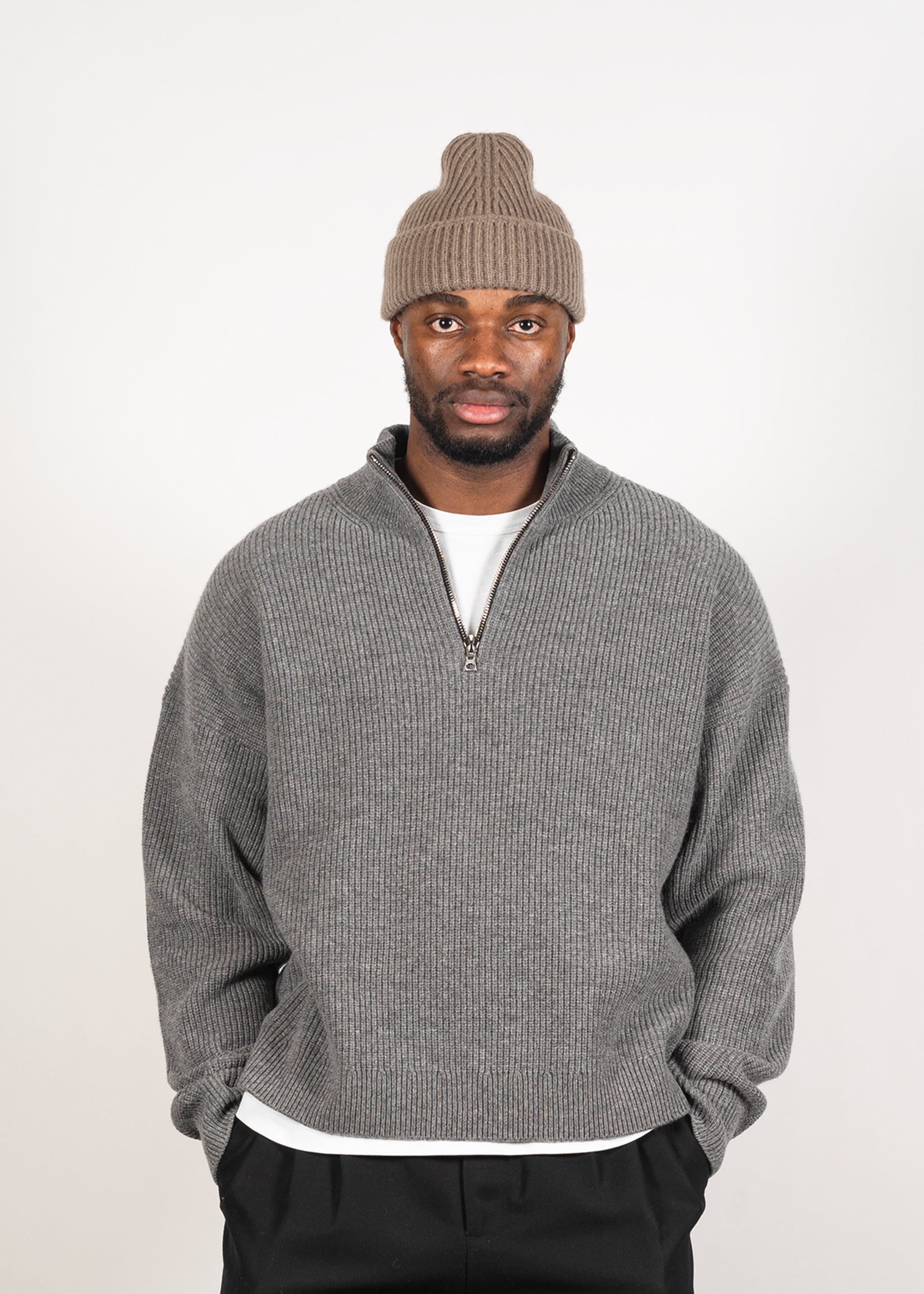 Oversized Half-Zip Cashmere Blend Sweater – Yacaia Y-0015 in Grey