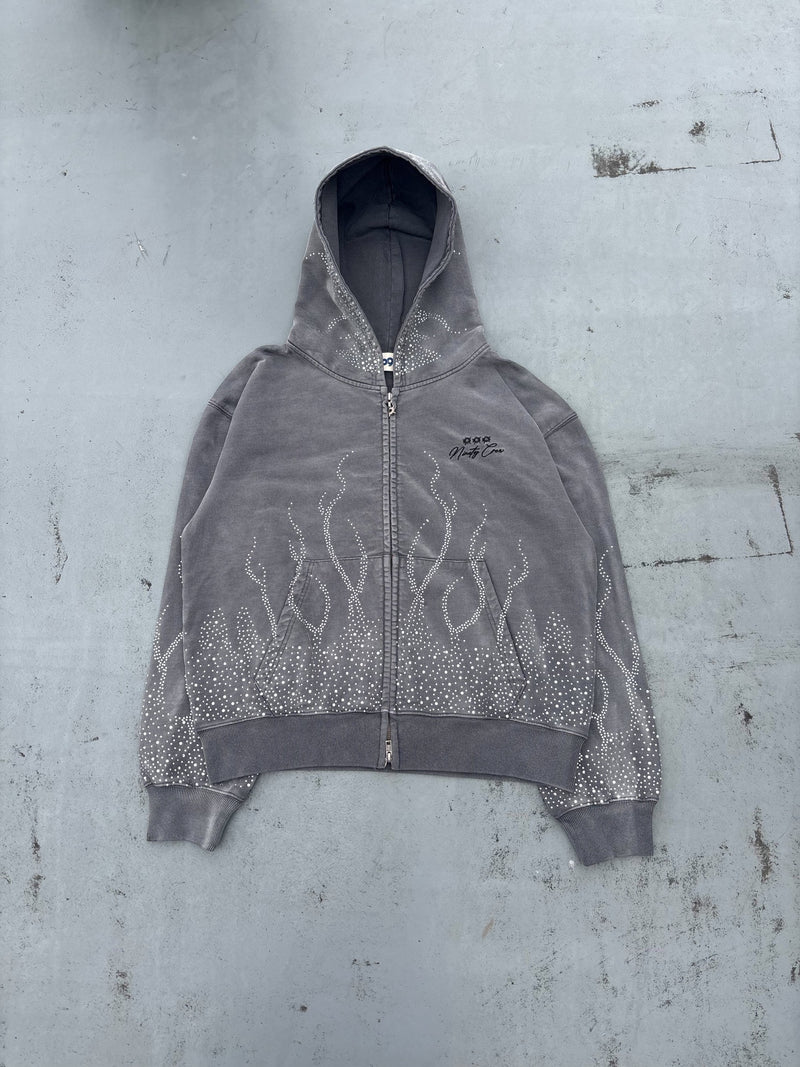 Bullet Logo Fire Print Rhinestone Zip Hoodie – YZ