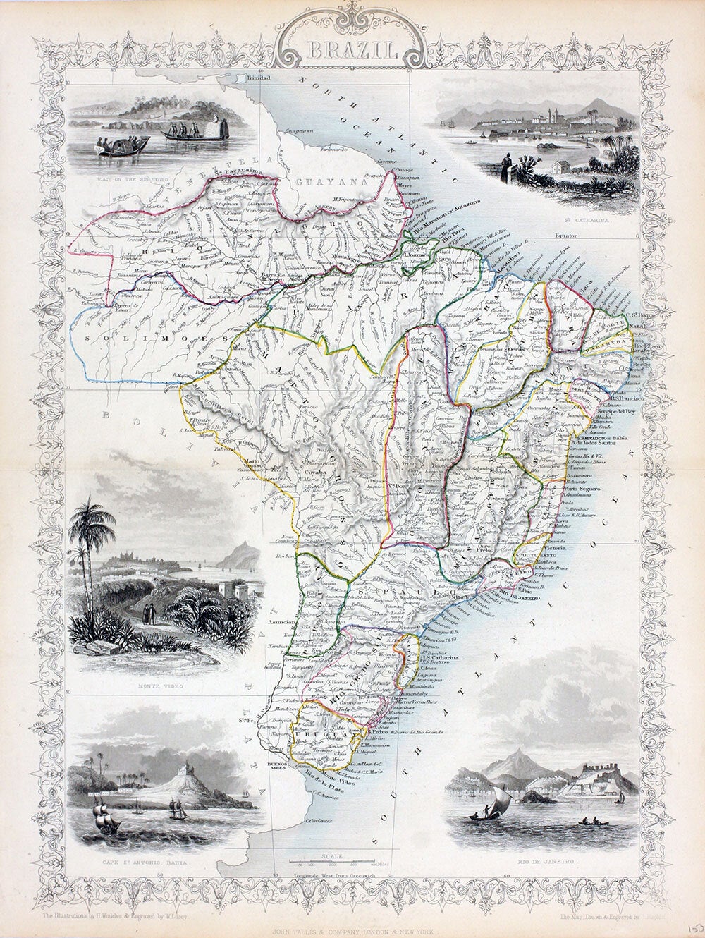 Brazil, antique map with vignette views | J. Tallis Rapkin, John