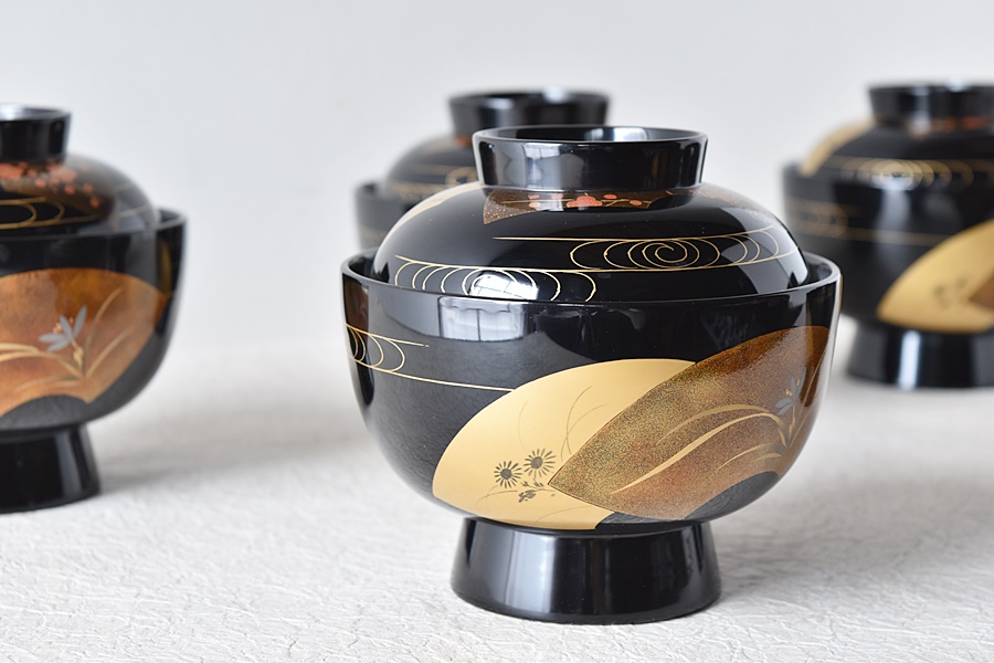 輪島塗 扇面蒔絵 松竹梅蘭菊 流水 雑煮椀 5客セット - 生活骨董と古布