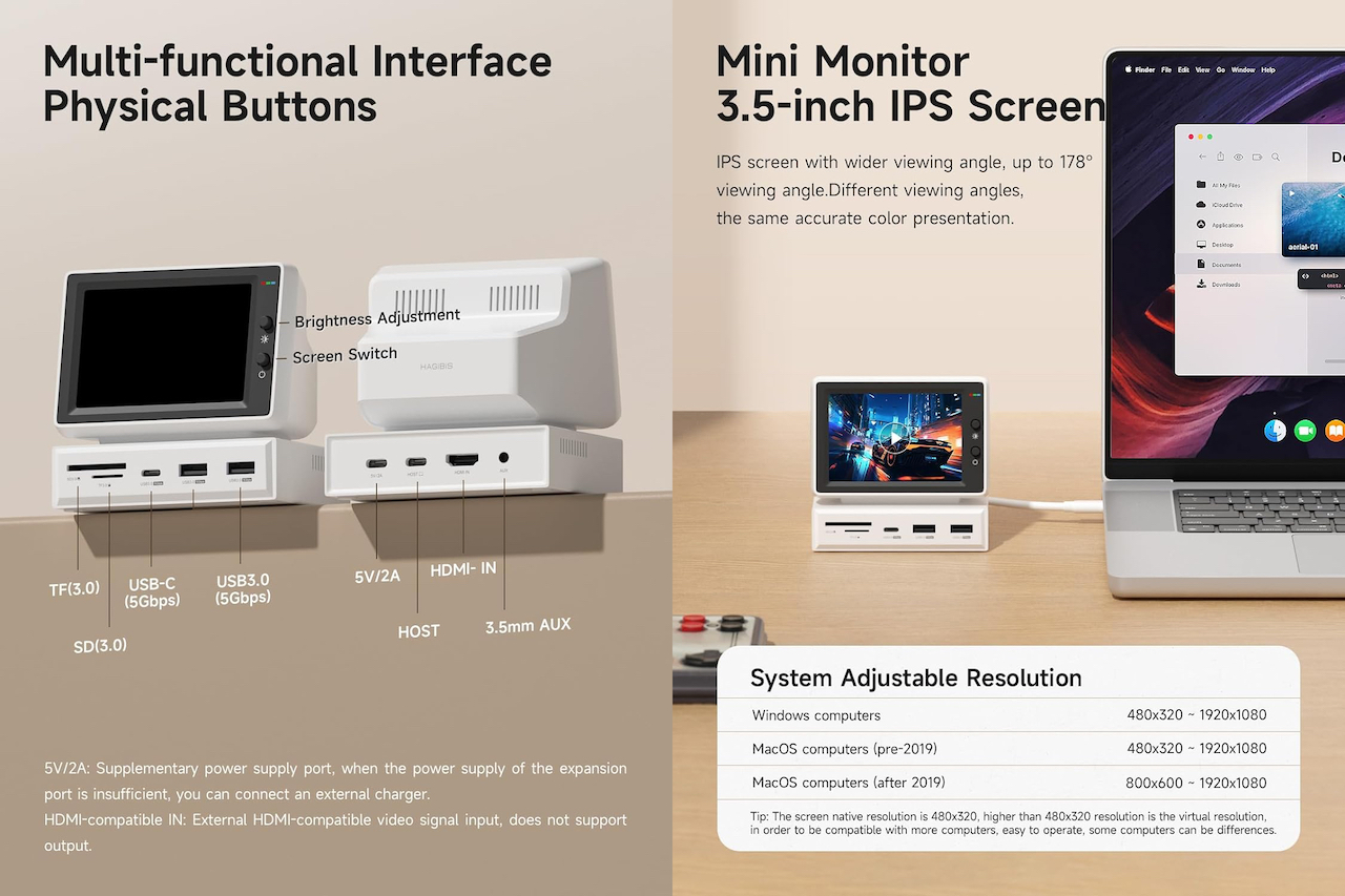 写真や動画、システム情報などを表示するのに便利な3.5インチIPSミニ